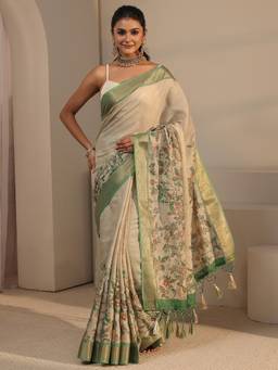 Libas - Beige Floral Zari Printed Saree With Woven Design Border and Blouse Piece