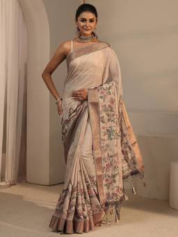 Libas - Beige Floral Zari Printed Saree With Woven Design Border and Blouse Piece