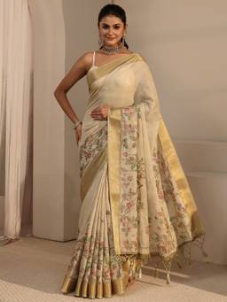 Libas - Beige Floral Zari Printed Saree With Woven Design Border and Blouse Piece