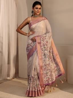 Libas - Beige Floral Zari Printed Saree With Woven Design Border and Blouse Piece