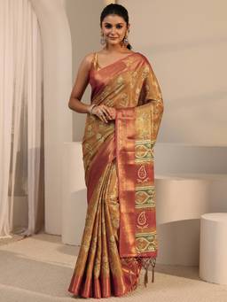 Libas - Brown Floral Printed Saree With Woven Design Border and Blouse Piece