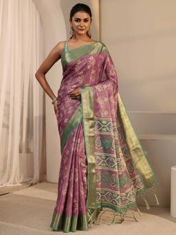 Libas - Purple Floral Printed Saree With Woven Design Border and Blouse Piece