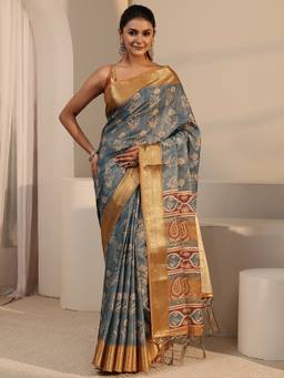 Libas - Blue Floral Printed Saree With Woven Design Border and Blouse Piece
