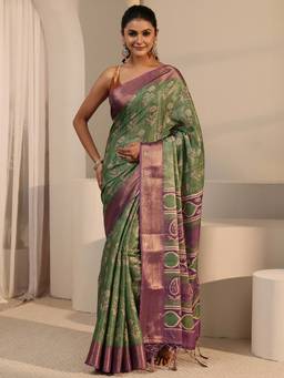Libas - Green Floral Printed Saree With Woven Design Border and Blouse Piece