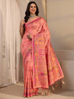 Libas - Peach Ethnic Motif Woven Design Saree With Blouse Piece