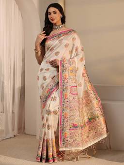 Libas - Cream Ethnic Motif Woven Design Saree With Blouse Piece
