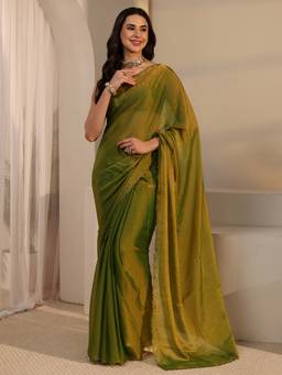 Libas - Green Solid Saree With Embellished Border And Blouse Piece
