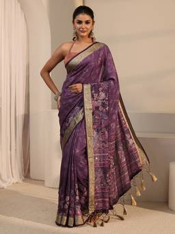 Libas - Purple Floral Zari Printed Saree With Woven Design Border and Blouse Piece
