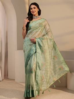 Libas - Green Zari Work Embroidered Saree With Blouse Piece