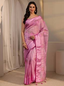 Libas - Pink Zari Work Embroidered Saree With Blouse Piece