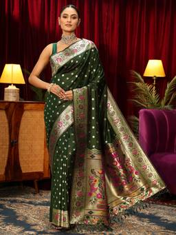 Libas - Green Ethnic Motif Woven Design Saree With Blouse Piece