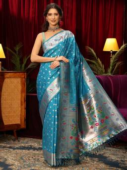 Libas - Blue Ethnic Motif Woven Design Saree With Blouse Piece