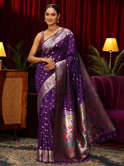 Libas - Purple Ethnic Motif Woven Design Saree With Blouse Piece