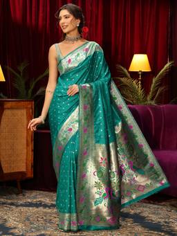 Libas - Green Ethnic Motif Woven Design Saree With Blouse Piece