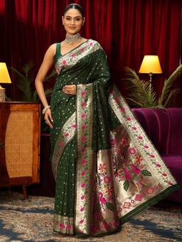 Libas - Green Ethnic Motif Woven Design Saree With Blouse Piece