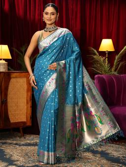 Libas - Blue Ethnic Motif Woven Design Saree With Blouse Piece