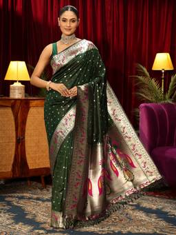 Libas - Green Ethnic Motif Woven Design Saree With Blouse Piece