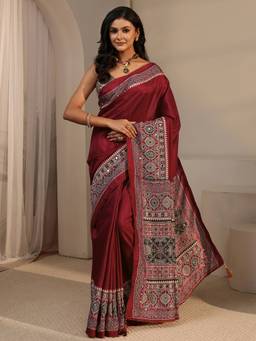 Libas - Maroon Solid Saree With Mirror Work Printed Border and Blouse Piece