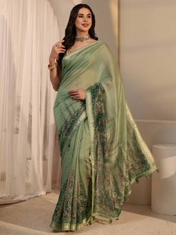 Libas - Green Floral Printed Saree With Blouse Piece