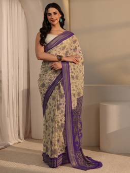 Libas - Beige Floral Printed Saree With Blouse Piece