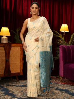 Libas - Beige Floral Woven Design Saree With Blouse Piece