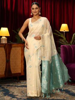 Libas - Beige Floral Woven Design Saree With Blouse Piece