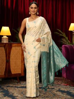 Libas - Beige Floral Woven Design Saree With Blouse Piece