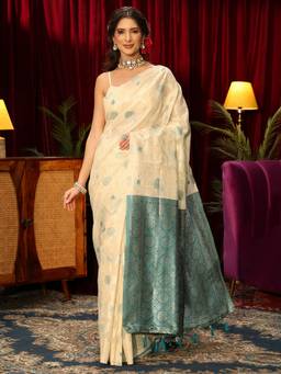 Libas - Beige Floral Woven Design Saree With Blouse Piece