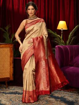 Libas - Beige Floral Woven Design Saree With Blouse Piece