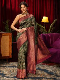 Libas - Green Floral Woven Design Saree With Blouse Piece