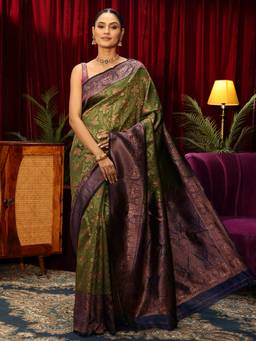 Libas - Green Floral Woven Design Saree With Blouse Piece