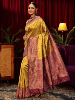 Libas - Mustard Floral Woven Design Saree With Blouse Piece