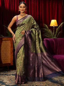 Libas - Green Floral Woven Design Saree With Blouse Piece