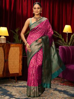 Libas - Pink Floral Woven Design Saree With Blouse Piece