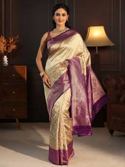 Libas - Beige Floral Woven Design Saree With Blouse Piece