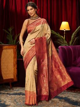 Libas - Beige Floral Woven Design Saree With Blouse Piece