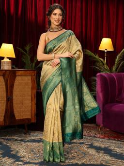 Libas - Beige Floral Woven Design Saree With Blouse Piece