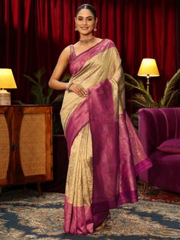 Libas - Beige Floral Woven Design Saree With Blouse Piece