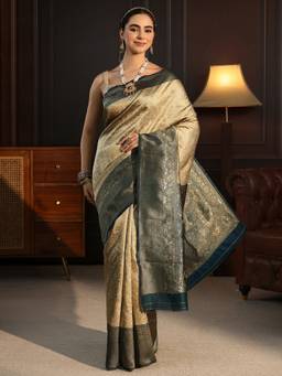 Libas - Beige Floral Woven Design Saree With Blouse Piece