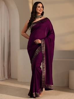 Libas - Wine Solid Saree With Woven Design Border and Blouse Piece