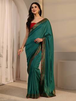 Libas - Teal Solid Saree With Woven Design Border and Blouse Piece