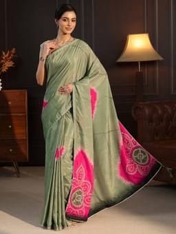 Libas - Green Zari Bandhani Printed Saree With Blouse Piece
