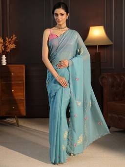 Libas - Blue Patch Work Beads Sequins Embellished Saree With Blouse Piece