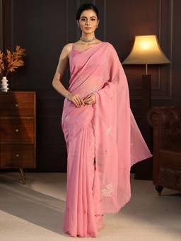 Libas - Pink Patch Work Beads Sequins Embellished Saree With Blouse Piece