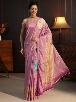 Libas - Lavender Zari Floral Printed Saree With Blouse Piece