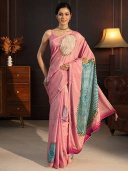 Libas - Pink Zari Floral Printed Saree With Blouse Piece