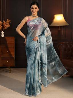 Libas - Blue Stone Work Embellished Saree With Blouse Piece