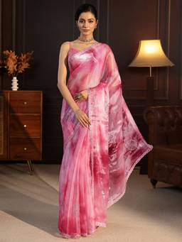 Libas - Pink Stone Work Embellished Saree With Blouse Piece