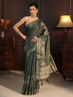 Libas - Green Beads Woven Design Saree With Blouse Piece