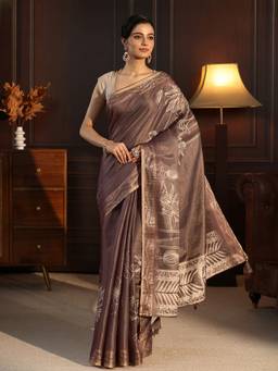 Libas - Brown Beads Woven Design Saree With Blouse Piece
